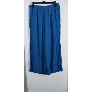 Lisa Bayne viscose linen blue wide leg elastic waist striped pants size mediumo